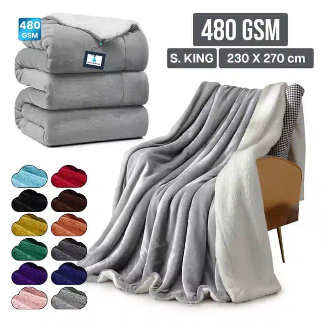 480 GSM Heavy Sherpa Fleece Blanket Soft Warm Bed Sofa Throw Double King Blanket